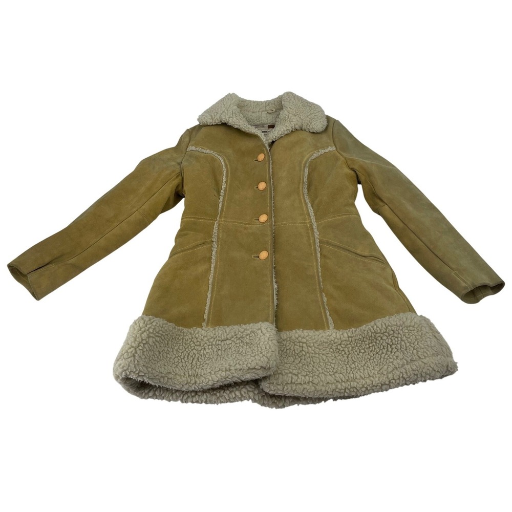Pioneer Wear Suede Shearling Trim Coat 14 Tan Good Vintage Western Boho